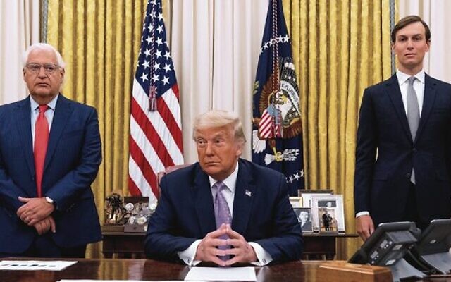 From left: David Friedman, Donald Trump and Jared Kushner in the Oval Office in 2020. Photo: AP/Andrew Harnik From left: David Friedman, Donald Trump and Jared Kushner in the Oval Office in 2020. Photo: AP/Andrew Harnik