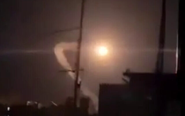 Still from a video said to show a rocket fired from Gaza in a failed launch that skewed back and blew up inside the Strip, August 6, 2022 (Twitter screenshot) Still from a video said to show a rocket fired from Gaza in a failed launch that skewed back and blew up inside the Strip, August 6, 2022 (Twitter screenshot)