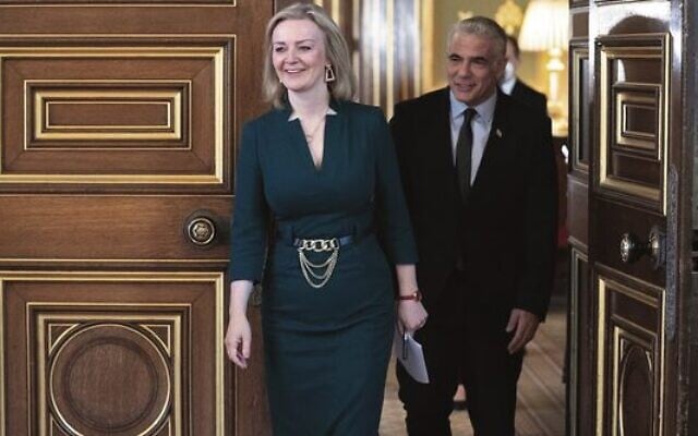 Liz Truss and Yair Lapid in London last year.
Photo: Stefan Rousseau/PA Images via Getty Images via JTA Liz Truss and Yair Lapid in London last year.
Photo: Stefan Rousseau/PA Images via Getty Images via JTA