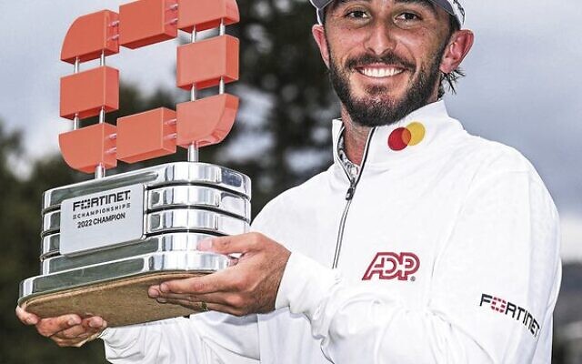 Max Homa holding the 2022 Fortinet Championship trophy. Max Homa holding the 2022 Fortinet Championship trophy.