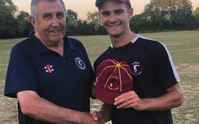 Cowdrey Cricket Club president Bill Warner (left) presenting Jake Greenberg with a baggy cap. Cowdrey Cricket Club president Bill Warner (left) presenting Jake Greenberg with a baggy cap.