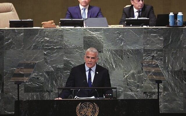 Israeli Prime Minister Yair Lapid speaking at the United Nations General Assembly.
Photo: Avi Ohayon/GPO Israeli Prime Minister Yair Lapid speaking at the United Nations General Assembly.
Photo: Avi Ohayon/GPO