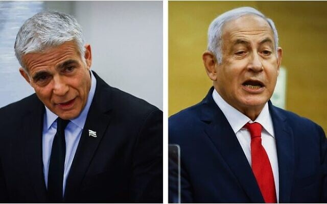 A composite image of Yair Lapid (left) and Benjamin Netanyahu leading their respective Likud and Yesh Atid faction meetings at the Knesset in November 2021.
Photo: Olivier Fitoussi/Flash90 A composite image of Yair Lapid (left) and Benjamin Netanyahu leading their respective Likud and Yesh Atid faction meetings at the Knesset in November 2021.
Photo: Olivier Fitoussi/Flash90