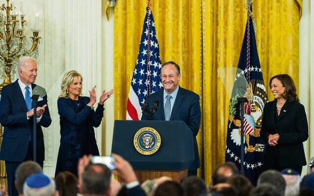 From left: Joe and Jill Biden, Doug Emhoff and Kamala Harris at the event. From left: Joe and Jill Biden, Doug Emhoff and Kamala Harris at the event.