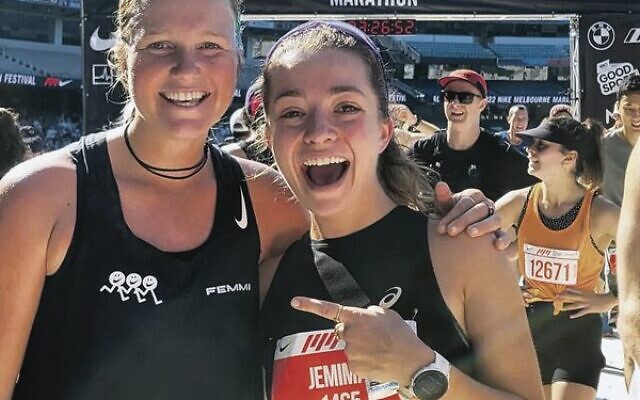 Jemima Montag (right) at the Melbourne Marathon finish line last Sunday with Ultra Trail runner Lucy Bartholomew. Jemima Montag (right) at the Melbourne Marathon finish line last Sunday with Ultra Trail runner Lucy Bartholomew.