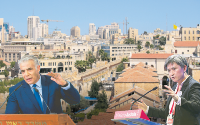 The skyline of west Jerusalem and (inset) Yair Lapid and Penny Wong. Jerusalem Photo: Roberto Giovannini/Dreamstime.com The skyline of west Jerusalem and (inset) Yair Lapid and Penny Wong. Jerusalem Photo: Roberto Giovannini/Dreamstime.com