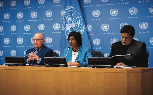 From left: commissioners Chris Sidoti, Navi Pillay and Miloon Kothari at the United Nations in New York.
Photo: Luke Tress/Times of Israel From left: commissioners Chris Sidoti, Navi Pillay and Miloon Kothari at the United Nations in New York.
Photo: Luke Tress/Times of Israel
