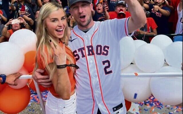 Houston batter Alex Bregman celebrating in front of Astros fans after the World Series win, with his wife Reagan. Houston batter Alex Bregman celebrating in front of Astros fans after the World Series win, with his wife Reagan.