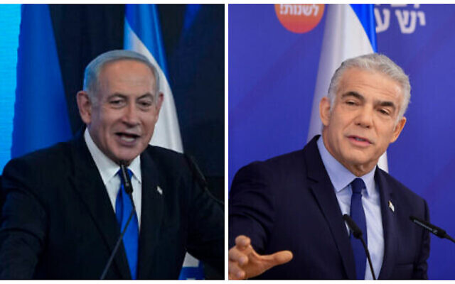 Likud leader Benjamin Netanyahu on November 2, 2022 (left) and Prime Minister Yair Lapid in Tel Aviv on October 18, 2022. Photos: AP Photo/Tsafrir Abayov; Avshalom Sassoni/Flash90 Likud leader Benjamin Netanyahu on November 2, 2022 (left) and Prime Minister Yair Lapid in Tel Aviv on October 18, 2022. Photos: AP Photo/Tsafrir Abayov; Avshalom Sassoni/Flash90