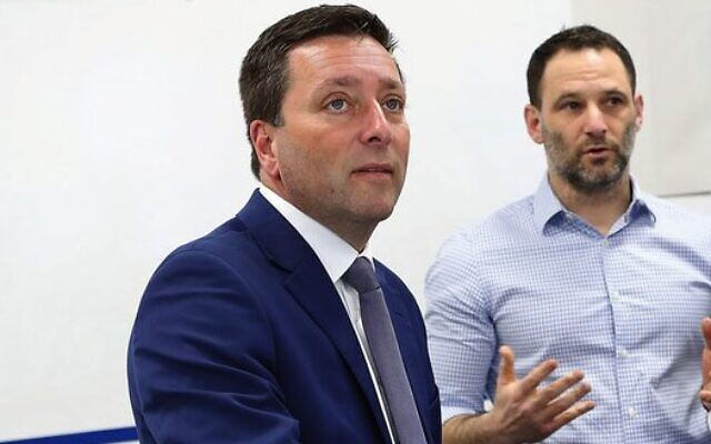 Matthew Guy (left), at CSG with its CEO Justin Kagan last month.
Photo: Peter Haskin Matthew Guy (left), at CSG with its CEO Justin Kagan last month.
Photo: Peter Haskin