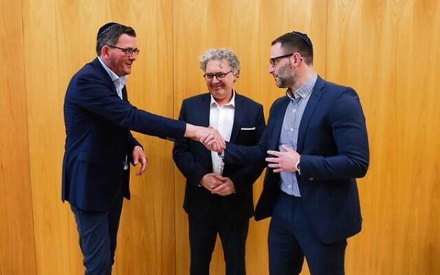 From left: Premier Daniel Andrews, Labor candidate for Caulfield Lior Harel and CEO of CSG Justin Kagan. Photo: Peter Haskin From left: Premier Daniel Andrews, Labor candidate for Caulfield Lior Harel and CEO of CSG Justin Kagan. Photo: Peter Haskin