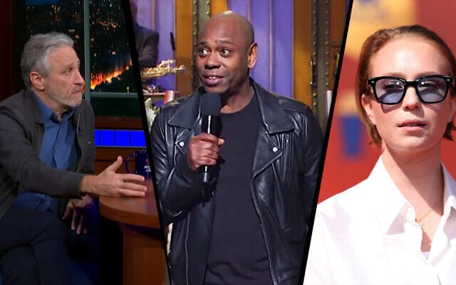 Jewish comedians Jon Stewart and Hannah Einbinder had opposite reactions to comedian Dave Chappelle's monologue on Saturday Night Live. Photo: screentshots via YouTube. Image via Getty. Design by Grace Yagel via JTA. Jewish comedians Jon Stewart and Hannah Einbinder had opposite reactions to comedian Dave Chappelle's monologue on Saturday Night Live. Photo: screentshots via YouTube. Image via Getty. Design by Grace Yagel via JTA.