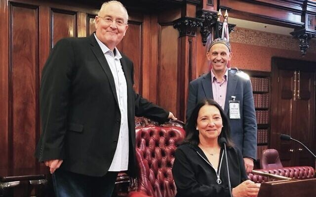 Walt Secord (left) with Carole Sterling and Rabbi Sergio Bergman. Walt Secord (left) with Carole Sterling and Rabbi Sergio Bergman.