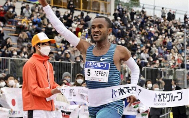 Israel's Maru Feferi crossing the finish line first in the 2022 Fukuoka Marathon in Japan on December 4. Israel's Maru Feferi crossing the finish line first in the 2022 Fukuoka Marathon in Japan on December 4.