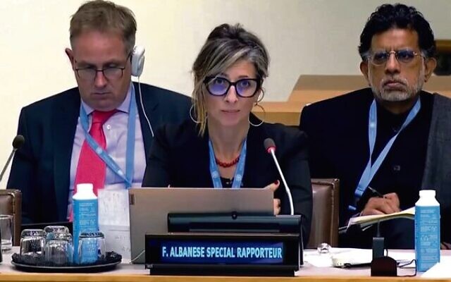 UN Special Rapporteur Francesca Albanese (centre) addresses the UN, October 2022. Photo: Screenshot/YouTube UN Special Rapporteur Francesca Albanese (centre) addresses the UN, October 2022. Photo: Screenshot/YouTube