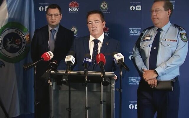 From left: NSW Jewish Board of Deputies CEO Darren Bark, NSW Deputy Premier Paul Toole and Assistant Commissioner Mark Walton at the press conference on Monday. From left: NSW Jewish Board of Deputies CEO Darren Bark, NSW Deputy Premier Paul Toole and Assistant Commissioner Mark Walton at the press conference on Monday.
