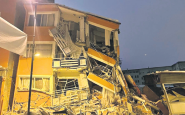 A collapsed building in Kahramanmaras Province, southern Turkey, February 6, 2023. Photo: Times of Israel/Depo Photos A collapsed building in Kahramanmaras Province, southern Turkey, February 6, 2023. Photo: Times of Israel/Depo Photos