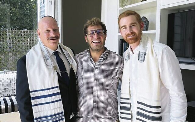 From left: Jeff Ross, Rabbi Gabi Kaltmann and Andrew Santino on the set of Ricky Stanicky. From left: Jeff Ross, Rabbi Gabi Kaltmann and Andrew Santino on the set of Ricky Stanicky.