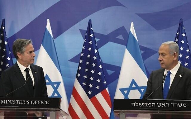 Antony Blinken (left) and Benjamin Netanyahu at a press conference in Jerusalem. Photo: Amos Ben Gershom/GPO Antony Blinken (left) and Benjamin Netanyahu at a press conference in Jerusalem. Photo: Amos Ben Gershom/GPO