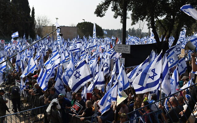 Protesters rally against the government's judicial overhaul plans outside the Knesset, on February 20, 2023. Photo: Gili Yaari/Flash90 Protesters rally against the government's judicial overhaul plans outside the Knesset, on February 20, 2023. Photo: Gili Yaari/Flash90