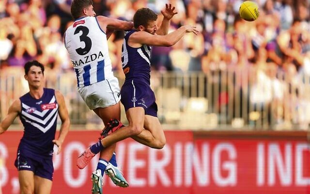 Harry Sheezel spoils the mark for the Dockers' Sam Switkowski at Perth's Optus Stadium on March 25. Photo: Paul Kane/Getty Images via AFL Photos Harry Sheezel spoils the mark for the Dockers' Sam Switkowski at Perth's Optus Stadium on March 25. Photo: Paul Kane/Getty Images via AFL Photos