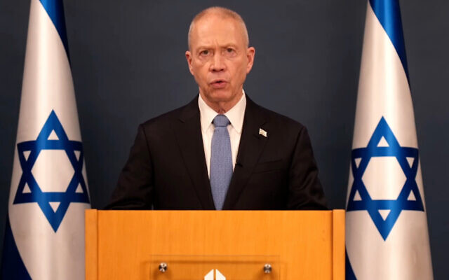 Defense Minister Yoav Gallant speaks in a televised address on March 25, 2023. (Courtesy) Defense Minister Yoav Gallant speaks in a televised address on March 25, 2023. (Courtesy)