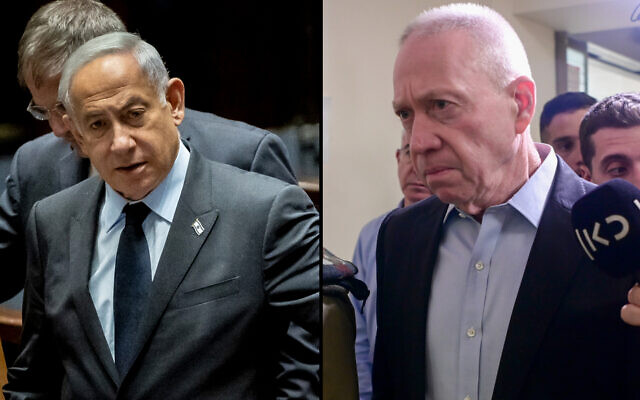 Prime Minister Benjamin Netanyahu seen at the Knesset, on March 22, 2023, and Defense Minister Yoav Gallant visits soldiers hurt in a shooting attack, at Belinson Hospital, on March 26, 2023. (Yonatan Sindel; Avshalom Sasson/Flash90) Prime Minister Benjamin Netanyahu seen at the Knesset, on March 22, 2023, and Defense Minister Yoav Gallant visits soldiers hurt in a shooting attack, at Belinson Hospital, on March 26, 2023. (Yonatan Sindel; Avshalom Sasson/Flash90)