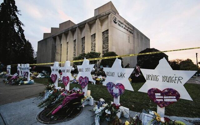 A makeshift memorial outside the Tree of Life Synagogue in the aftermath of the deadly shooting in October 2018. Photo: AP Photo/Matt Rourke, File A makeshift memorial outside the Tree of Life Synagogue in the aftermath of the deadly shooting in October 2018. Photo: AP Photo/Matt Rourke, File