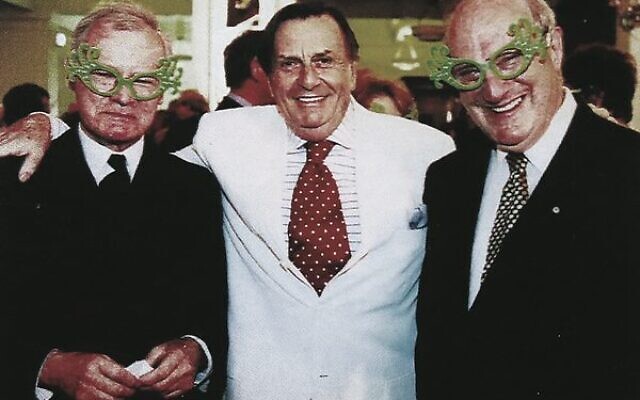 Barry Humphries (centre) with Rabbi John Levi (right) and mutual friend John Perry, clowning in Dame Edna specs.
Photo: Rabbi John Levi – 60 Remarkable Years Barry Humphries (centre) with Rabbi John Levi (right) and mutual friend John Perry, clowning in Dame Edna specs.
Photo: Rabbi John Levi – 60 Remarkable Years