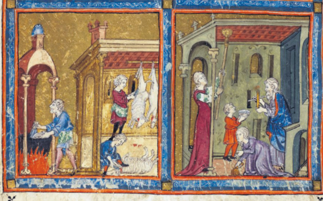 Part page from the Golden Haggadah, probably Barcelona, c. 1320. Right: cleaning of the house. Left: slaughtering the Passover lamb and cleansing dishes. Photo: Wikipedia.com Part page from the Golden Haggadah, probably Barcelona, c. 1320. Right: cleaning of the house. Left: slaughtering the Passover lamb and cleansing dishes. Photo: Wikipedia.com