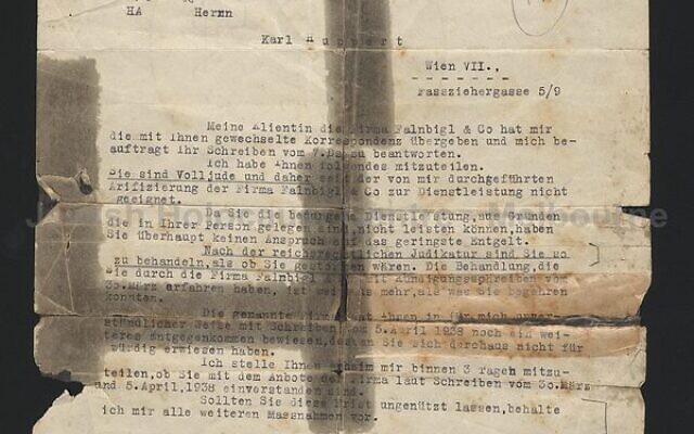 The lawyer's letter to Karl Huppert telling him "As you are Jewish, you should be treated as if you died." Photo: Melbourne Holocaust Museum Collection The lawyer's letter to Karl Huppert telling him "As you are Jewish, you should be treated as if you died." Photo: Melbourne Holocaust Museum Collection