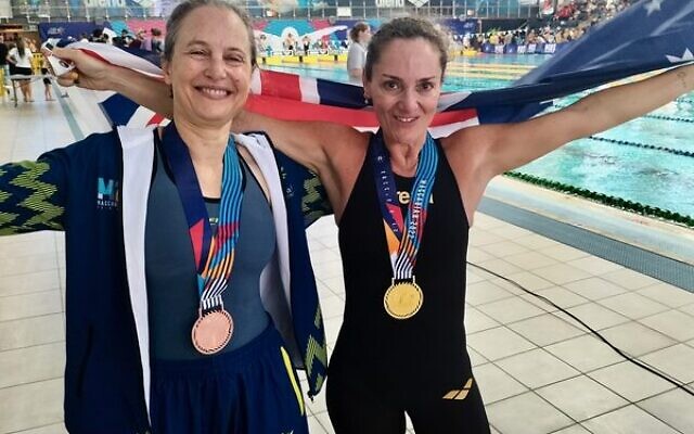 Jacqueline Seemann Charak (left) and her Aussie masters swimming teammate Alida Lipton, wearing their bronze and gold medals at Wingate Pool in Netanya. Jacqueline Seemann Charak (left) and her Aussie masters swimming teammate Alida Lipton, wearing their bronze and gold medals at Wingate Pool in Netanya.