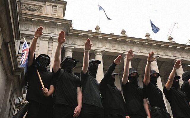 Neo-Nazi protesters outside Parliament House in Melbourne, March 18, 2023. Photo: AAP Image/James Ross Neo-Nazi protesters outside Parliament House in Melbourne, March 18, 2023. Photo: AAP Image/James Ross