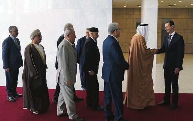 Syrian President Bashar Assad (right) receives a delegation representing various Arab parliaments in Damascus, February 26, 2023. Photo: SANA via AP Syrian President Bashar Assad (right) receives a delegation representing various Arab parliaments in Damascus, February 26, 2023. Photo: SANA via AP