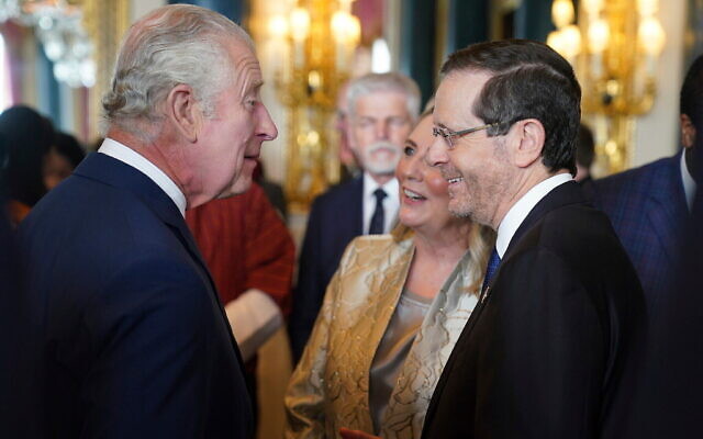 Britain's King Charles III, left, speaks with the President of Israel, Isaac Herzog and his wife Michal, during a reception at Buckingham Palace, in London, Friday May 5, 2023 for overseas guests attending his coronation. Photo: Jacob King/Pool Photo via AP Britain's King Charles III, left, speaks with the President of Israel, Isaac Herzog and his wife Michal, during a reception at Buckingham Palace, in London, Friday May 5, 2023 for overseas guests attending his coronation. Photo: Jacob King/Pool Photo via AP