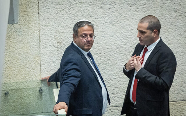 Itamar Ben-Gvir, Minister of National Security and MK Ofir Katz during a discussion and a vote in the assembly hall of the Knesset, the Israeli parliament in Jerusalem, on March 1, 2023. Photo: Yonatan Sindel/Flash90 Itamar Ben-Gvir, Minister of National Security and MK Ofir Katz during a discussion and a vote in the assembly hall of the Knesset, the Israeli parliament in Jerusalem, on March 1, 2023. Photo: Yonatan Sindel/Flash90