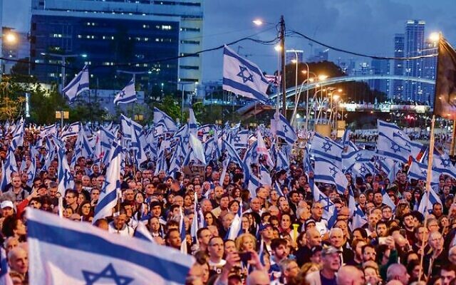 Thousands of Israelis protest against the planned judicial overhaul in Tel Aviv, on April 29, 2023. Photo: Avshalom Sassoni/Flash90 Thousands of Israelis protest against the planned judicial overhaul in Tel Aviv, on April 29, 2023. Photo: Avshalom Sassoni/Flash90