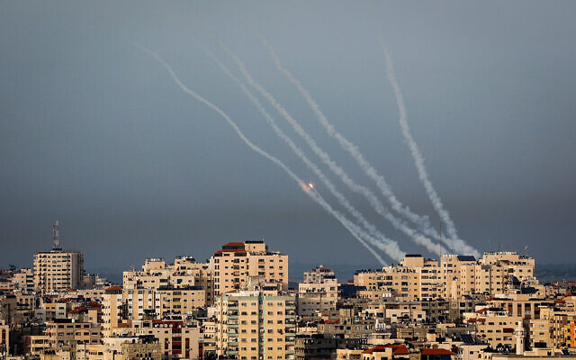 Trails of smoke are seen as rockets are fired from Gaza toward Israel on May 11, 2023. Photo: Atia Mohammed/Flash90 Trails of smoke are seen as rockets are fired from Gaza toward Israel on May 11, 2023. Photo: Atia Mohammed/Flash90