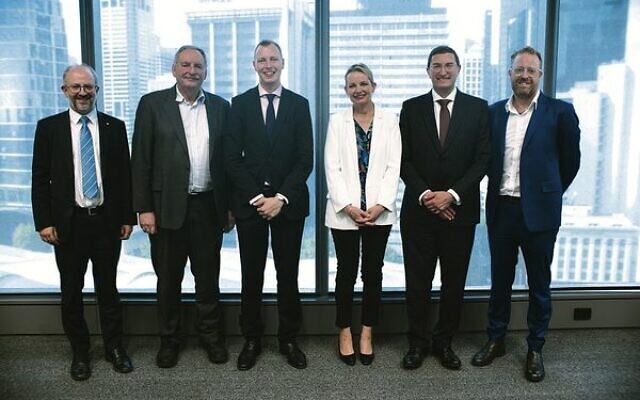 From left: Jamie Hyams (AIJAC), luncheon host Greg Blashki, Dean Shachar, Sussan Ley, Julian Leeser, Joel Burnie (AIJAC). From left: Jamie Hyams (AIJAC), luncheon host Greg Blashki, Dean Shachar, Sussan Ley, Julian Leeser, Joel Burnie (AIJAC).