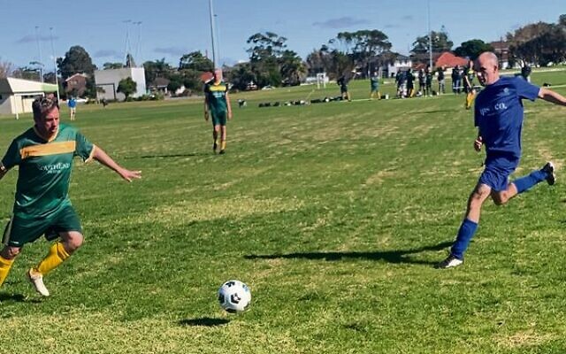 Maccabi over-45s player Geoff Sirmai (right) chases a loose ball against Maroubra last Sunday. Maccabi over-45s player Geoff Sirmai (right) chases a loose ball against Maroubra last Sunday.