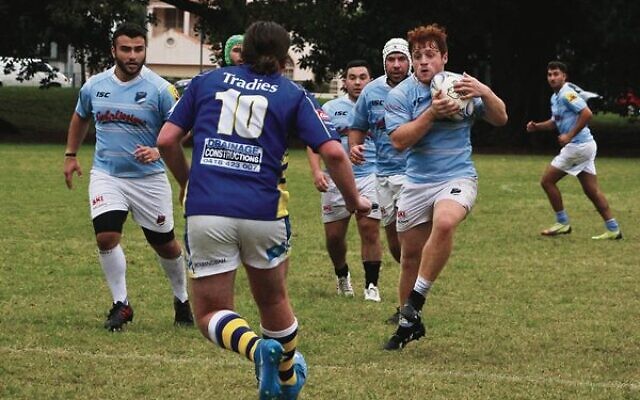 Ethan Agosin charges forward for Maccabi versus North Cronulla at Lyne Park last Saturday. Photos: Shane Desiatnik Ethan Agosin charges forward for Maccabi versus North Cronulla at Lyne Park last Saturday. Photos: Shane Desiatnik