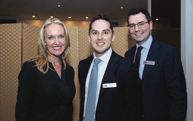 Natalie Ward with NSW Jewish Board of Deputies president David Ossip and CEO Darren Bark at the Yom Ha'atzmaut cocktail party. Photo: Giselle Haber Natalie Ward with NSW Jewish Board of Deputies president David Ossip and CEO Darren Bark at the Yom Ha'atzmaut cocktail party. Photo: Giselle Haber