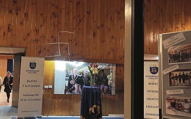 The swastika was found carved into glass at the Sandringham College school hall. The swastika was found carved into glass at the Sandringham College school hall.