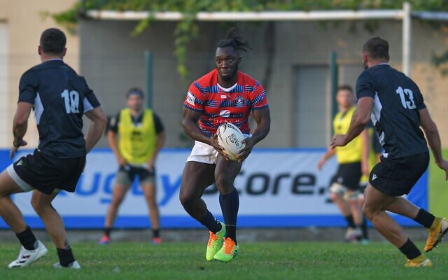 Gabriel Ibitoye of the Tel-Aviv Heat during the Rugby Europe Super Cup on Oct. 16, 2021 in Tbilisi, Georgia. Photo: Levan Verdzeuli/Getty Images via JTA Gabriel Ibitoye of the Tel-Aviv Heat during the Rugby Europe Super Cup on Oct. 16, 2021 in Tbilisi, Georgia. Photo: Levan Verdzeuli/Getty Images via JTA