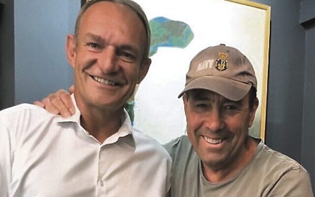 Gary Myers (right) meeting former South African rugby captain Francois Pienaar in Cape Town. Gary Myers (right) meeting former South African rugby captain Francois Pienaar in Cape Town.