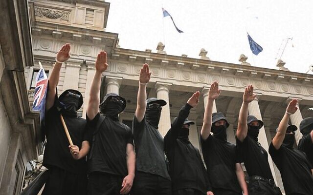 Neo-Nazis outside Parliament House in Melbourne in March. Photo: AAP Image/James Ross Neo-Nazis outside Parliament House in Melbourne in March. Photo: AAP Image/James Ross