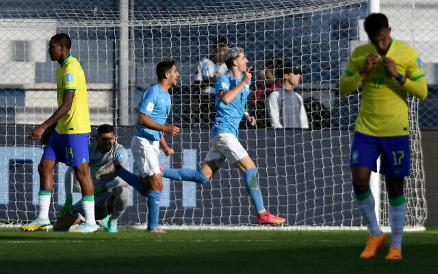 Israel's forward Dor Turgeman (2-R) celebrates after scoring his team's third goal during extra-time of the Argentina 2023 U-20 World Cup quarter-final football match between Israel and Brazil at the San Juan del Bicentenario stadium in San Juan, Argentina, on June 3, 2023. Photo: Andres Larrovere / AFP Israel's forward Dor Turgeman (2-R) celebrates after scoring his team's third goal during extra-time of the Argentina 2023 U-20 World Cup quarter-final football match between Israel and Brazil at the San Juan del Bicentenario stadium in San Juan, Argentina, on June 3, 2023. Photo: Andres Larrovere / AFP