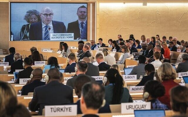 UN High Commissioner for Human Rights Volker Turk (on screen) delivers a speech at the opening of the 53rd UN Human Rights Council in Geneva, on June 19.
Photo: Fabrice Coffrini / AFP UN High Commissioner for Human Rights Volker Turk (on screen) delivers a speech at the opening of the 53rd UN Human Rights Council in Geneva, on June 19.
Photo: Fabrice Coffrini / AFP
