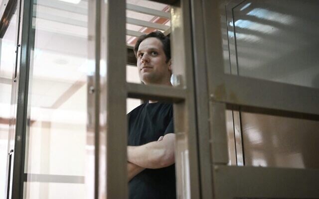 US journalist Evan Gershkovich stands inside a defendants' cage at Moscow City Court on June 22, 2023. Photo: NATALIA KOLESNIKOVA/AFP via Getty Images via JTA US journalist Evan Gershkovich stands inside a defendants' cage at Moscow City Court on June 22, 2023. Photo: NATALIA KOLESNIKOVA/AFP via Getty Images via JTA