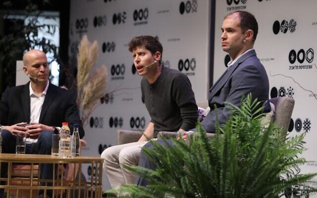 OpenAI co-founders Sam Altman (center) and Ilya Sutskever (right) on a panel at Tel Aviv University, June 5, 2023. Photo: Chen Galili OpenAI co-founders Sam Altman (center) and Ilya Sutskever (right) on a panel at Tel Aviv University, June 5, 2023. Photo: Chen Galili